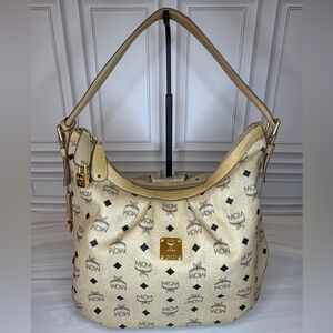 MCM Visetos Leather Logo Monogram Hobo Shoulder Bag – Beige Tan (W/Lock & Key)